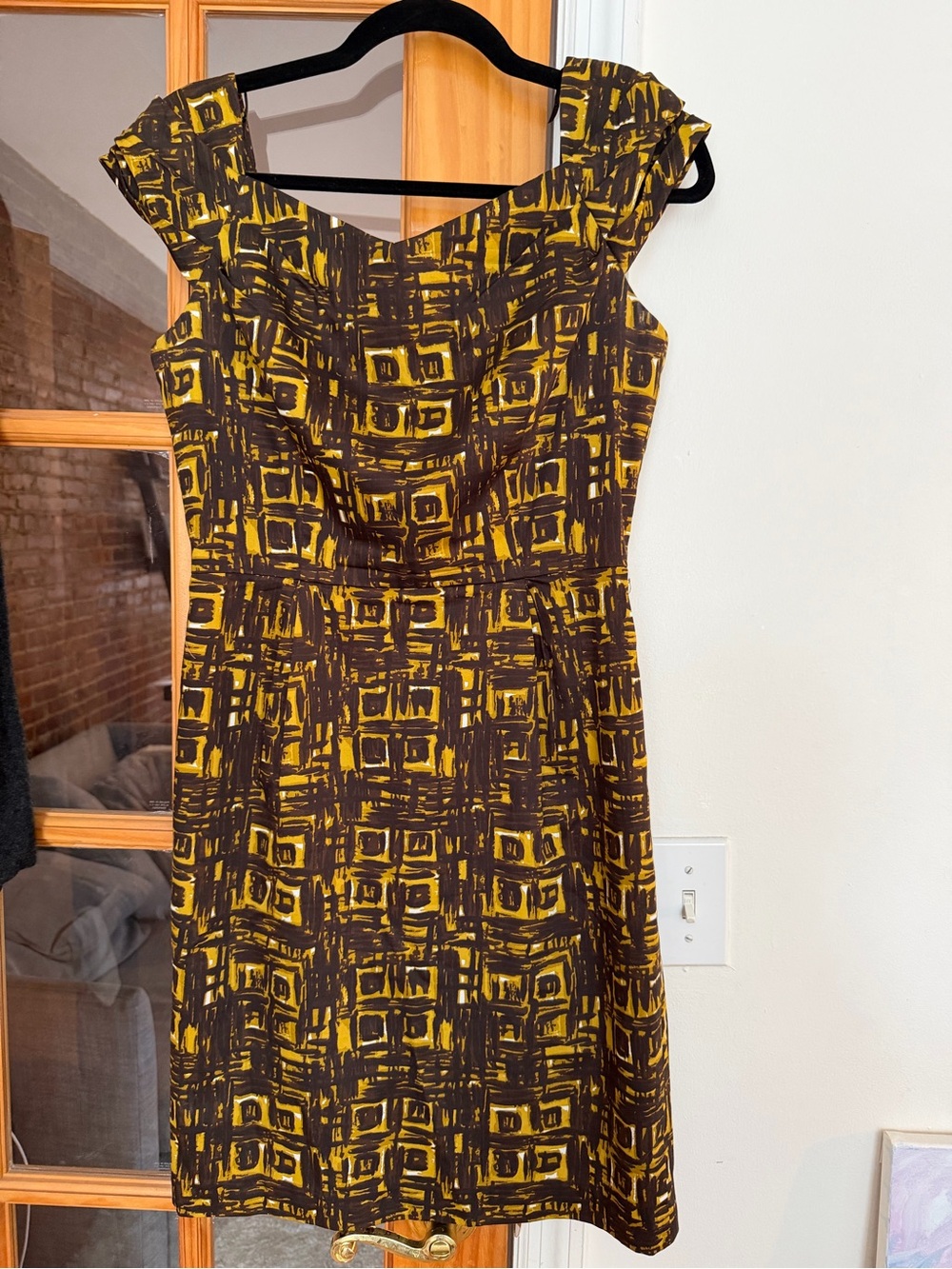 Milly Yellow & Brown Printed Cap-Sleeve Dress